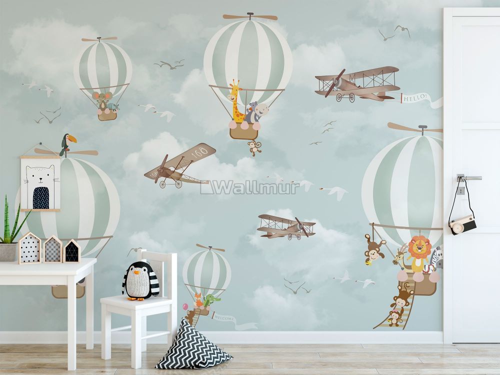 Cartoon Animals and Kids Hot Air Balloon Wallpaper