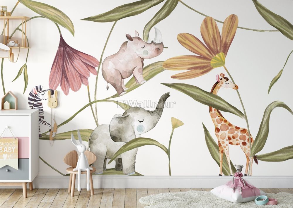 Flowers and Nursery Tropical Animals Wallpaper