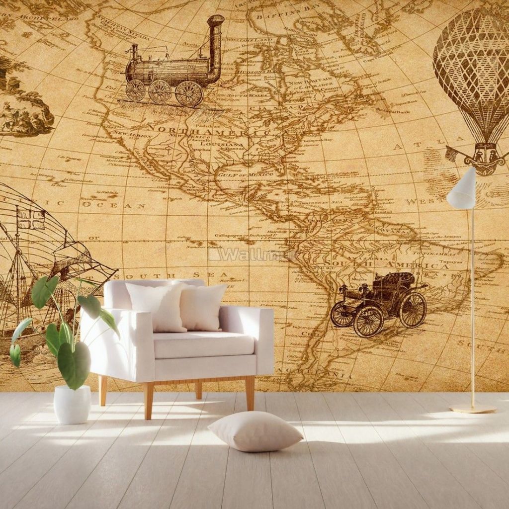 Hot Air Balloon and Beige Kids World Map Wallpaper Mural for Kids Room 2