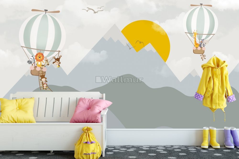 Hot Air Balloon and Mountain Landscape Wallpaper Mural