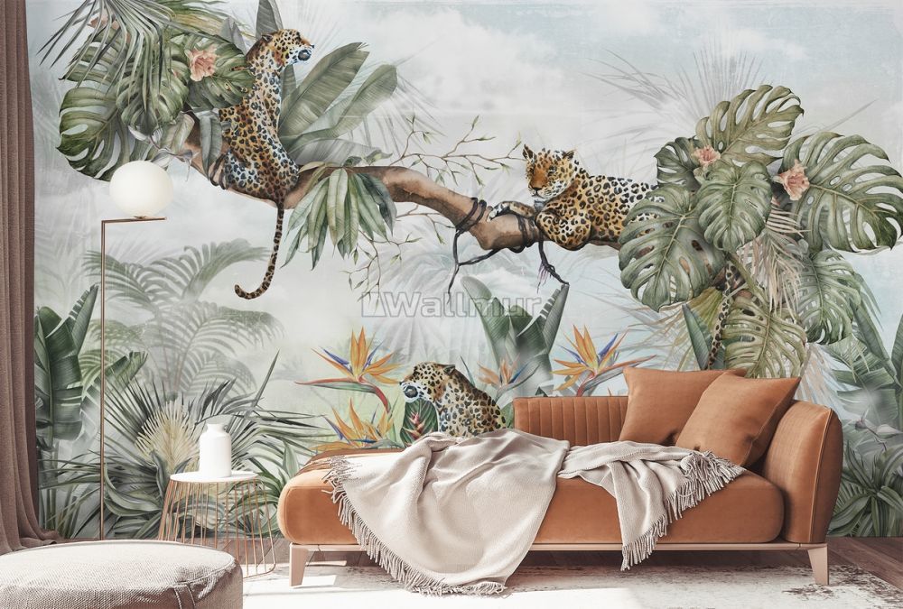 Tropical Leaves and Leopards Wallpaper Mural for Living Room, Kitchen, Hallway, Dining room, Café, Bedroom and Bathroom