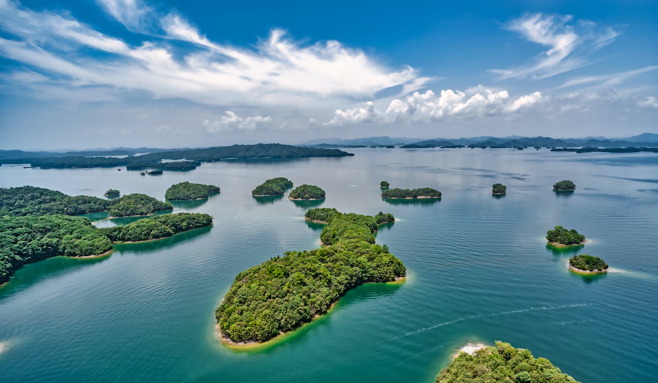 Aerial View of Islands on the Qiandao Lake, Hangzhou, Zhejiang Province, China