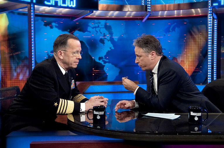 Television host Jon Stewart interviewing Admiral Michael Mullen
