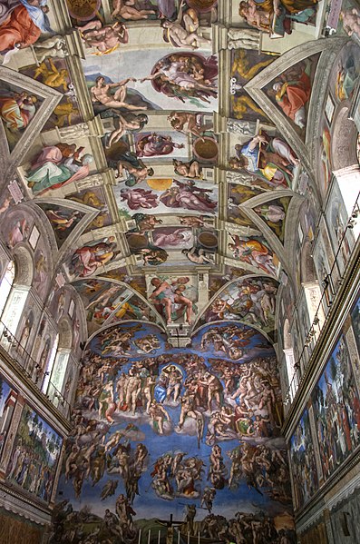 The interior of the Sistine Chapel shows the ceiling in relation to the other frescoes