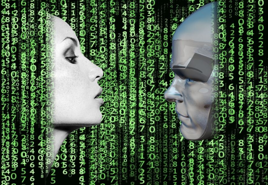 robot and human in a code matrix