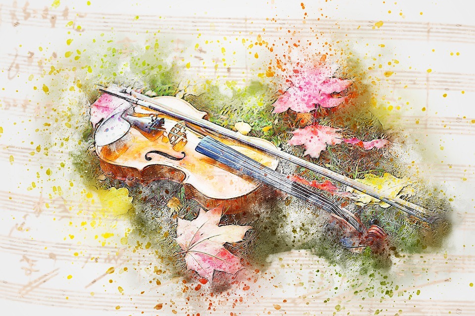 watercolor art of a violin and flowers