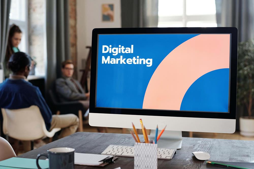Digital marketing term displayed on a computer monitor