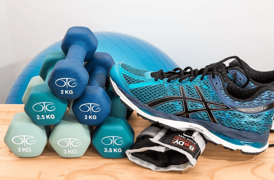 dumbbells, sneakers, exercise balls