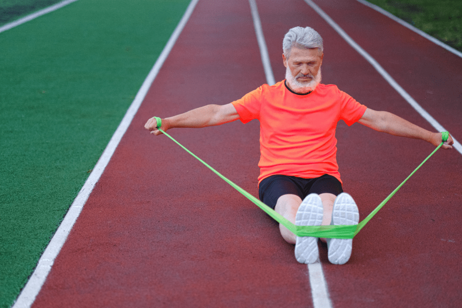 old man exercising and using resistant band