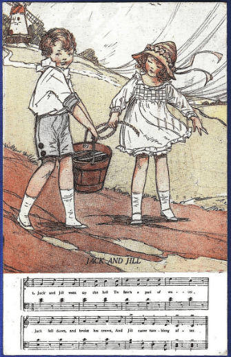 An image showing a postcard of the rhyme Jack and Jill.