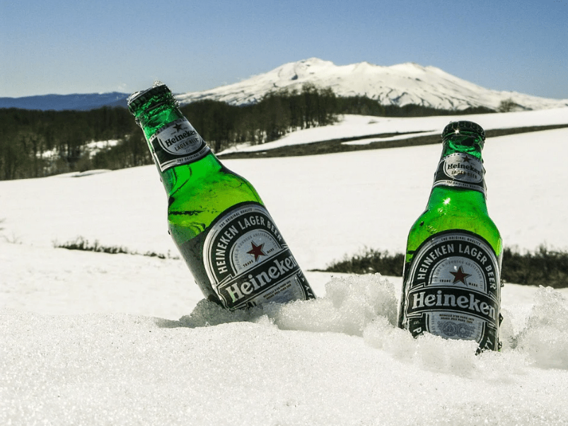 Heineken bottles in snow