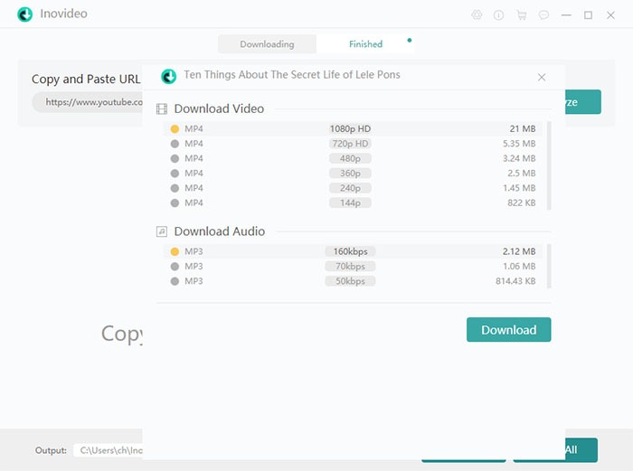 Inovideo app video format options