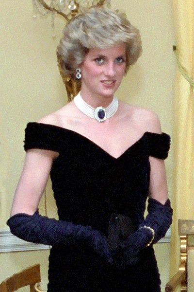 Wearing the Travolta dress, one of her most famous ensembles, in 1985