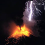 showing volcanic lightning above Mount Rinjani eruption.