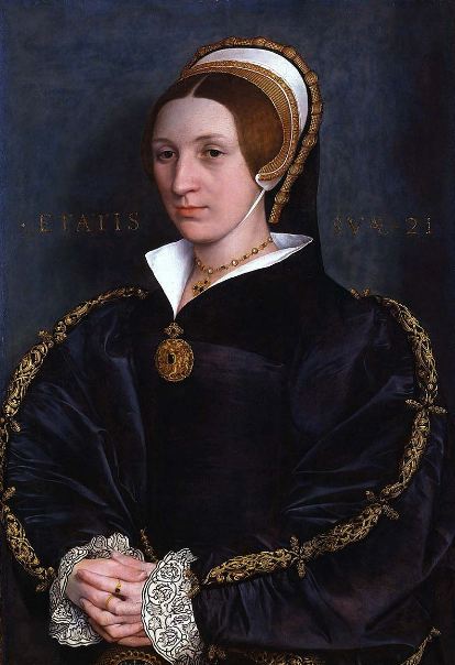 A portrait by Hans Holbein of an unknown woman wearing a French hood with a strap underneath