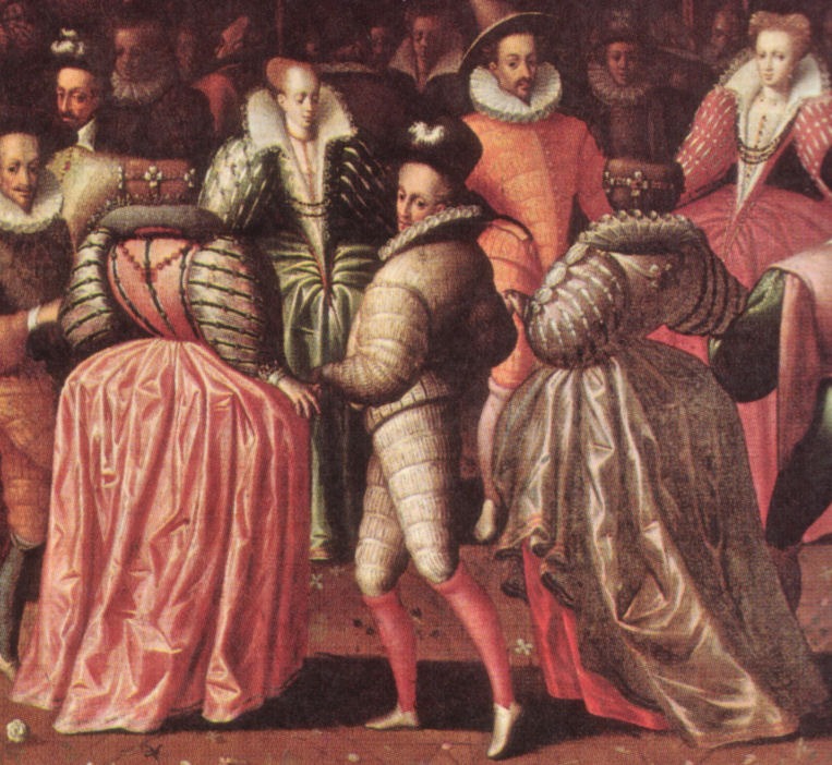Women wearing French farthingales circa 1580