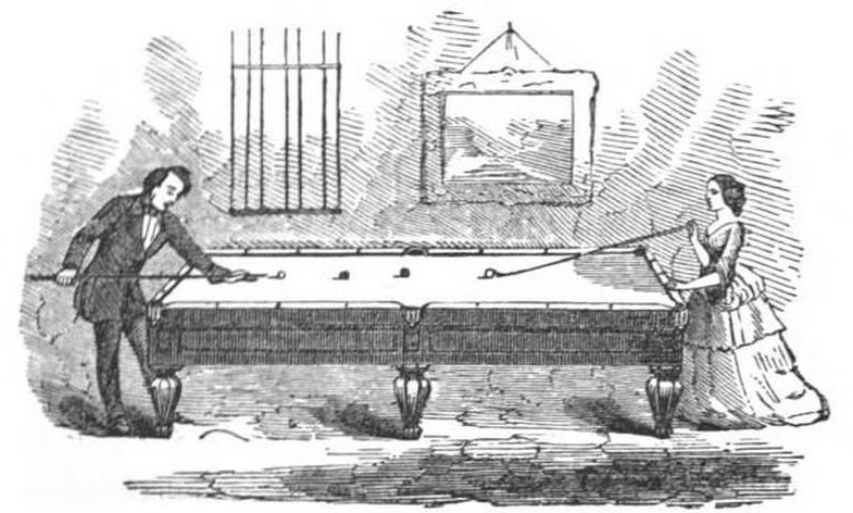 Man playing billiards with cue and woman with mace, from an illustration in Michael Phelan's 1859 book, The Game of Billiards