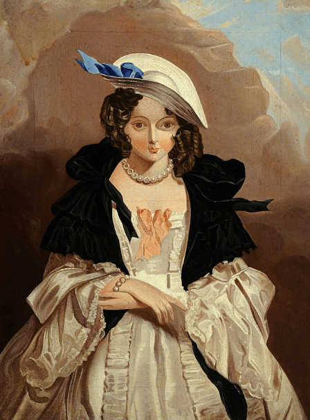 Portrait of unknown woman in a black tippet, straw hat and pearls