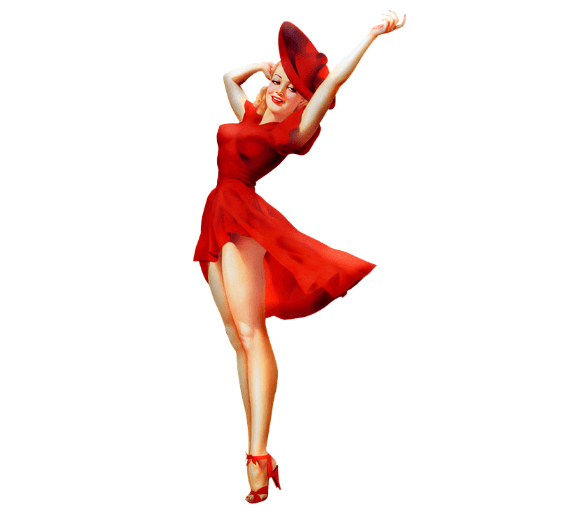 blonde woman wearing a red hat and a red retro dress