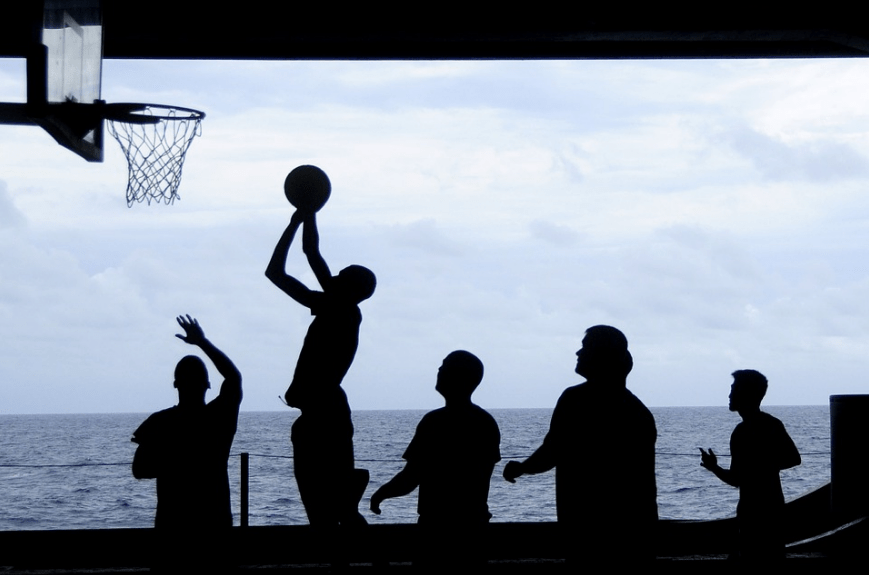 silhouette of men playing basketball, basketball, basketball hoop, sea