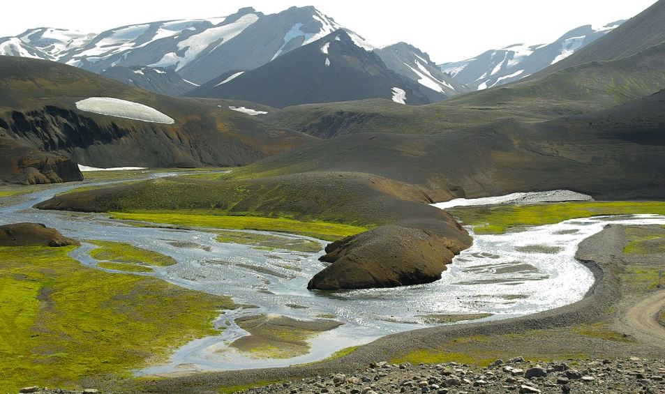 snowcapped mountains and streams in Landmannalaugar
