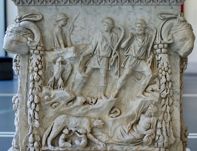 Romulus and Remus, the Lupercal, Father Tiber, and the Palatine on a relief from a pedestal dating to the reign of Trajan (AD 98–117)