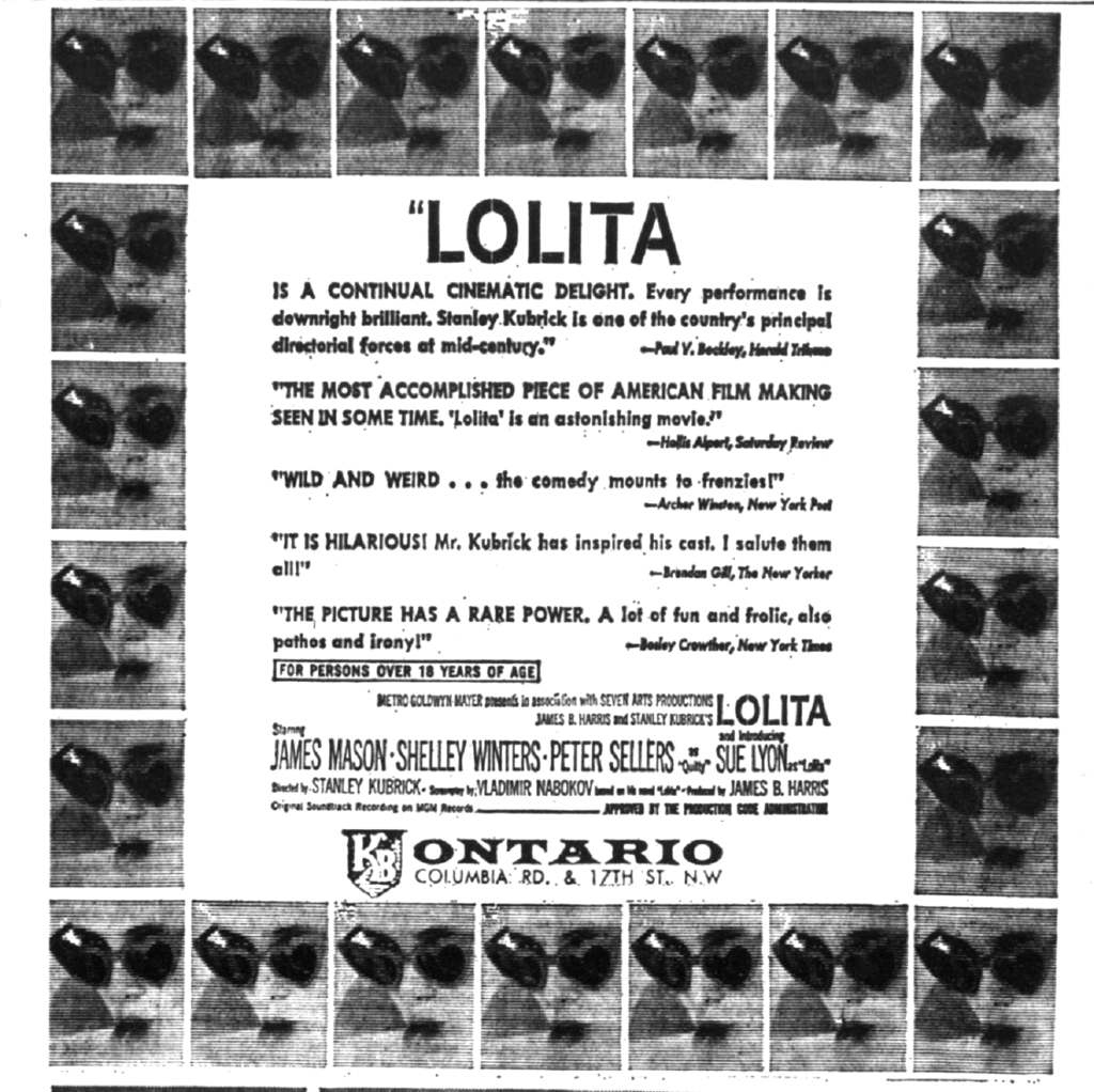 Ontario Theatre advertisement for the film, Lolita. 6 July 1962