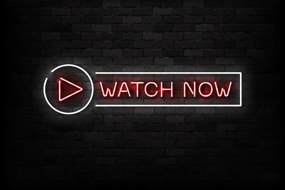 Neon sign of Watch Now logo