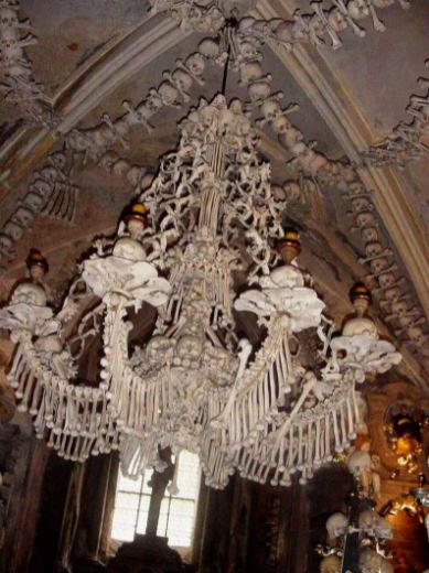 chandelier inside Sedlec Ossuary made from bones. 