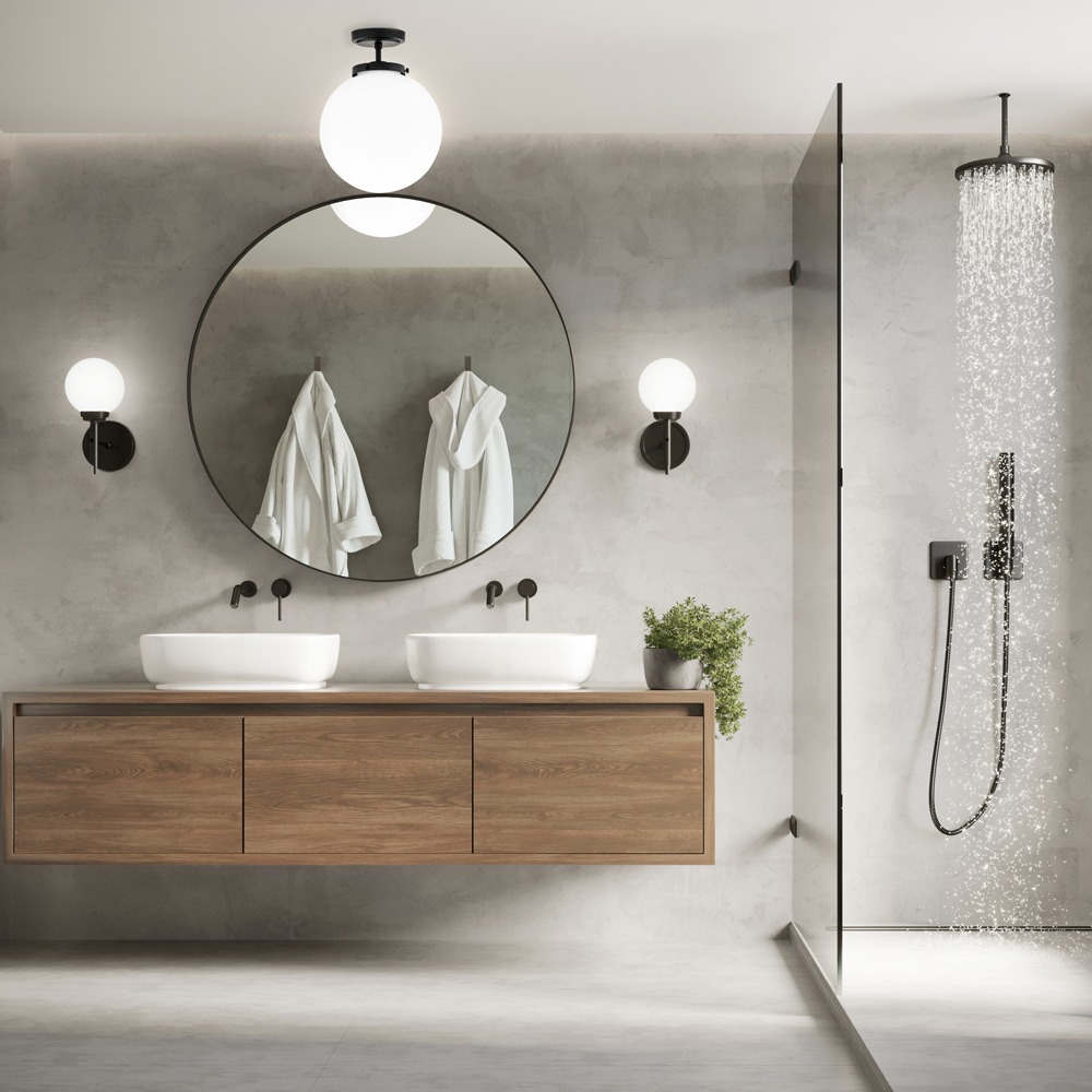 3d modern contemporary grey concrete bathroom with round mirror