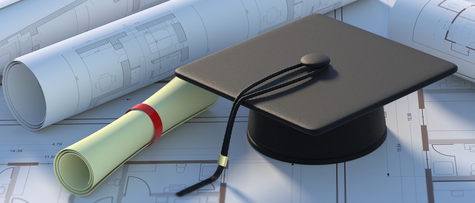 Engineer studies graduate. College diploma cap on construction project drawings. 3d illustration