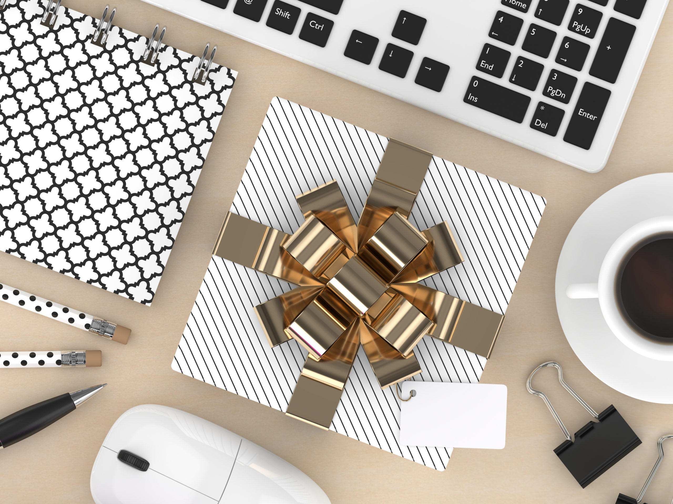 3d render of top view workspace with gift
