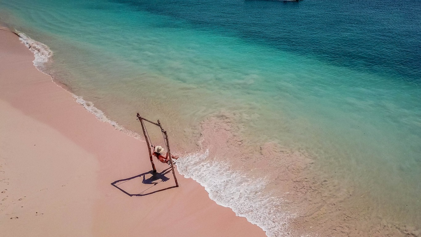 girl on a swing pink beach