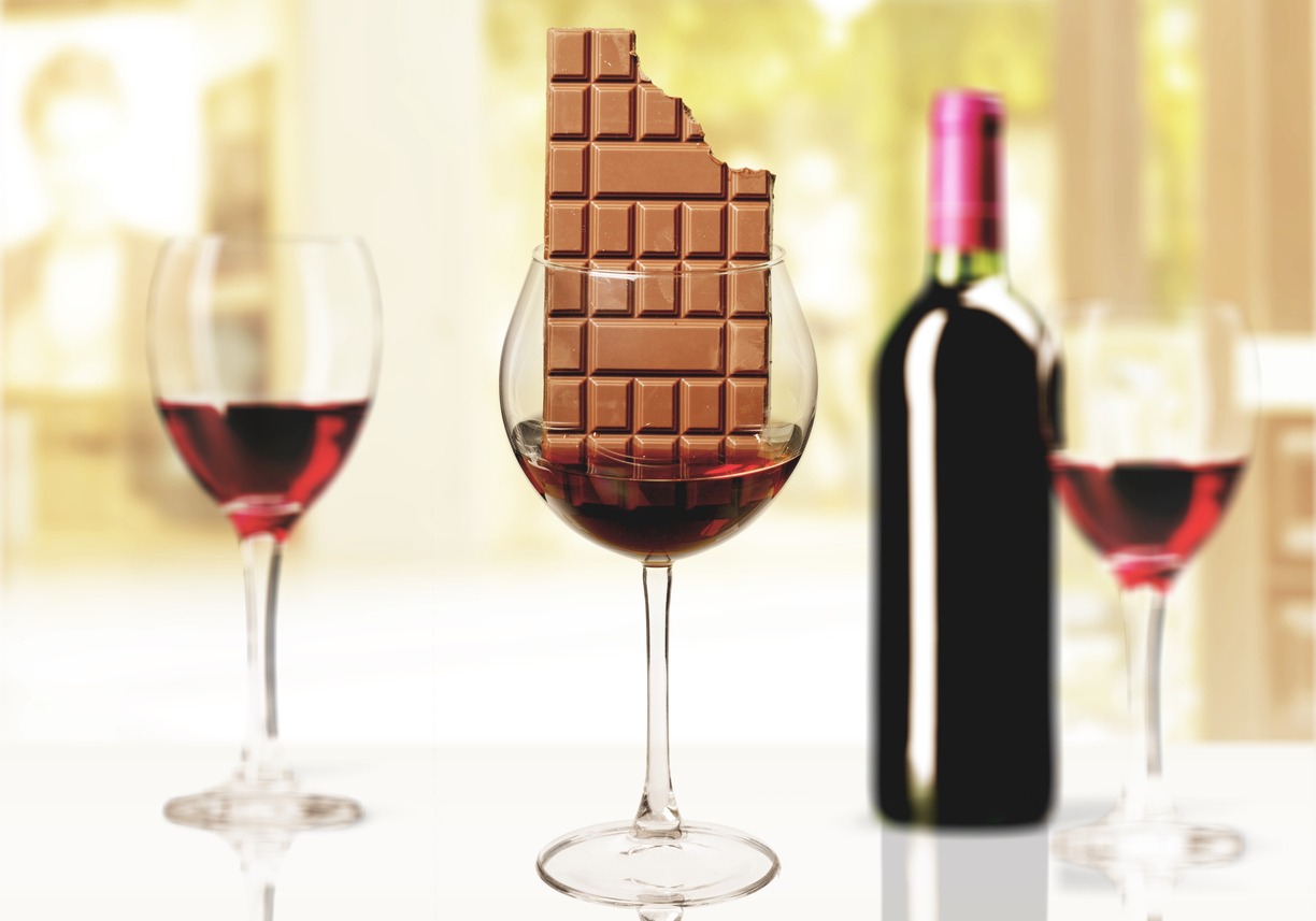 chocolate bar and glasses of wine