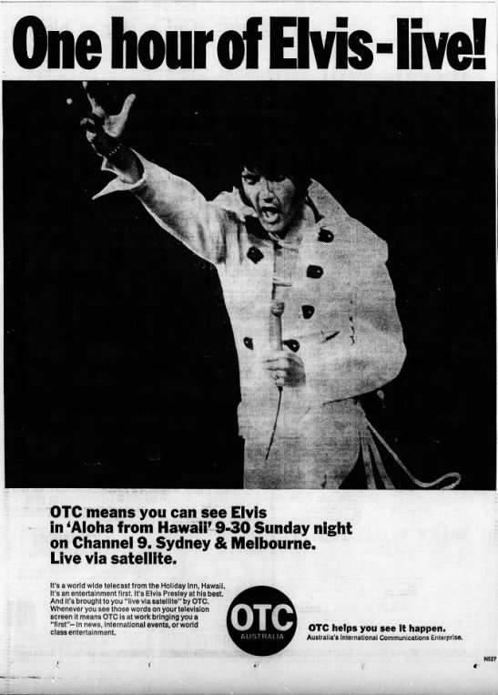 Publicity depicting Elvis Presley, announcing the broadcast of his live concert Aloha From Hawaii in Australia