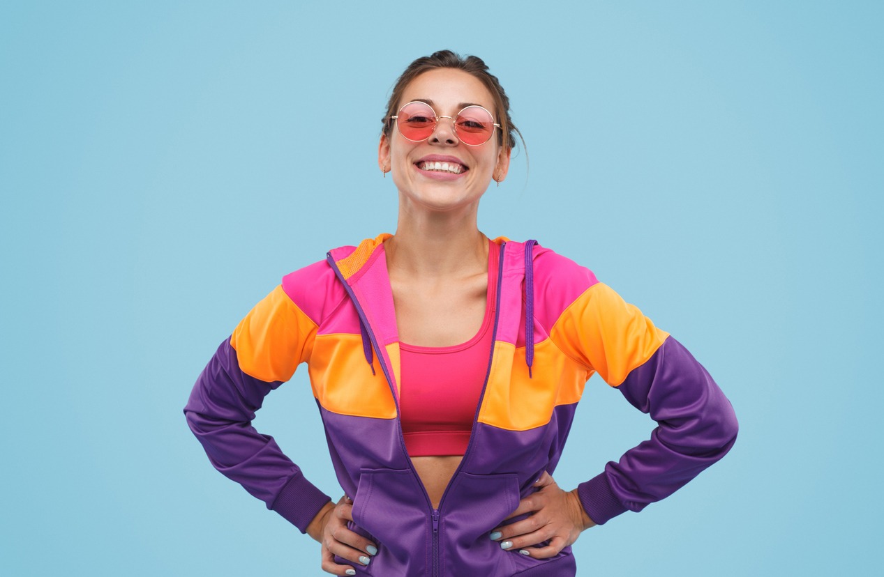 Woman wearing a colorful jacket