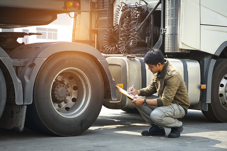 Asian truck driver holding clipboard inspecting safety vehicle maintenance checklist a truck wheels, tire