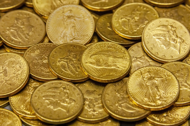 American gold coin treasure hoard of the rare USA double eagle 20 dollar bullion currency