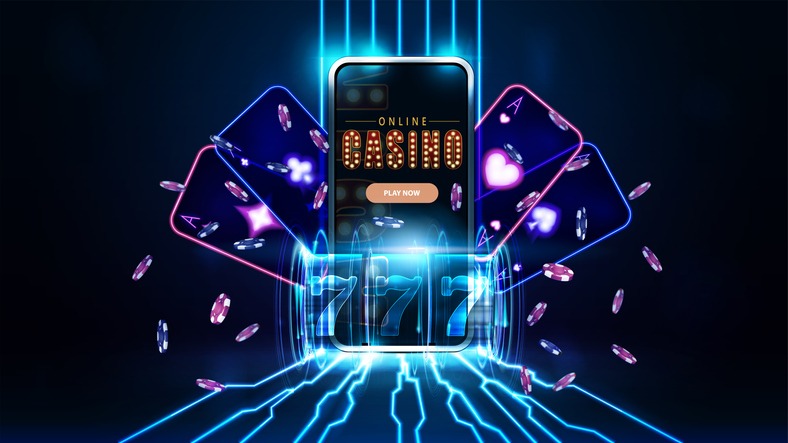 Online casino, banner with smartphone, playing cards, blue neon shine slot machine and poker chips in dark scene with blue Perspective Grids