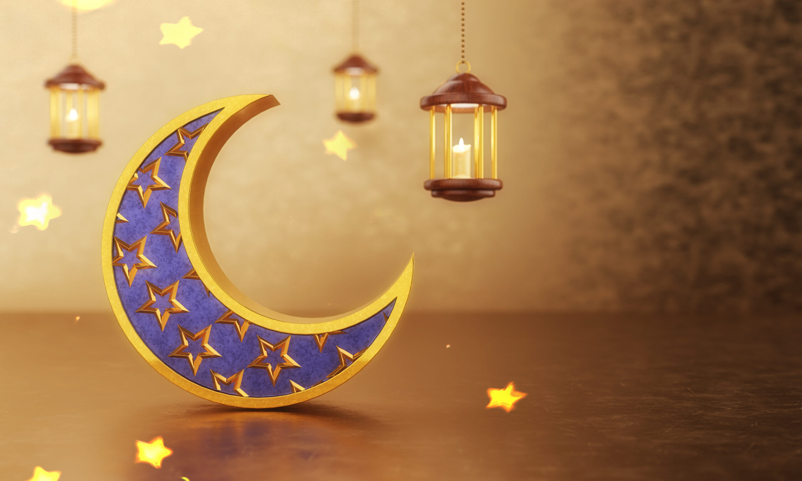 Eid Mubarak islamic design with hollow crescent moon on golden bokeh background. Festival and traditional event concept. 3D illustration rendering graphic design