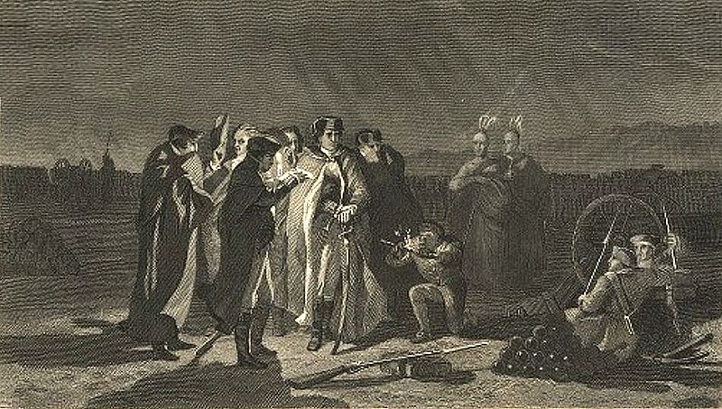 Lieutenant Colonel Washington holds night council during the Battle of Fort Necessity in Fayette County, Pennsylvania during the French and Indian War in 1754.