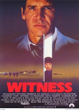 Movie poster for Witness where Lukas Haas starred as the notable Samuel Lapp