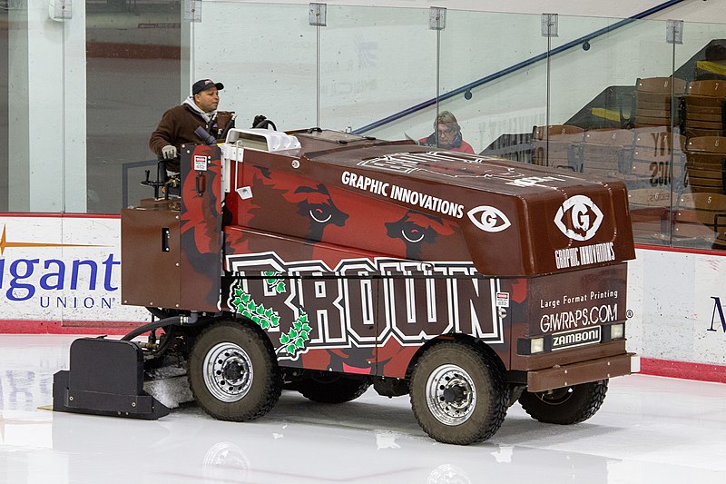A Zamboni brand ice resurfacer clears the rink at Meehan Auditorium, Brown University