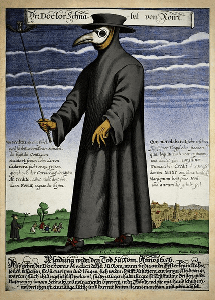 A plague doctor and his typical apparel during the 17th-century outbreak