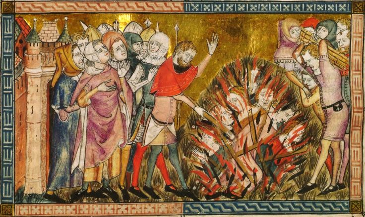 Jews being burned at the stake in 1349. Miniature from a 14th-century manuscript Antiquitates Flandriae by Gilles Li Muisis