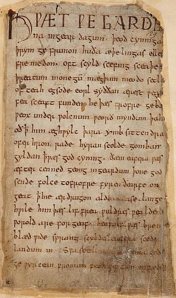 The first page of the Beowulf manuscript using the Old English alphabet system
