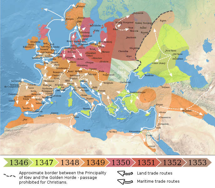 The spread of the Black Death in Europe, North Africa, and the Near East (1346–1353)