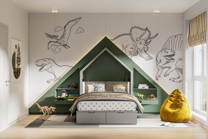 Dinosaurs theme kids room interior in 3d render