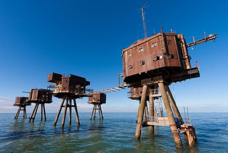 Maunsell Sea Forts, rusty in color buildings, structures at the sea