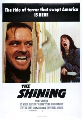 The Shining movie poster, scared woman holding a knife, psychotic man